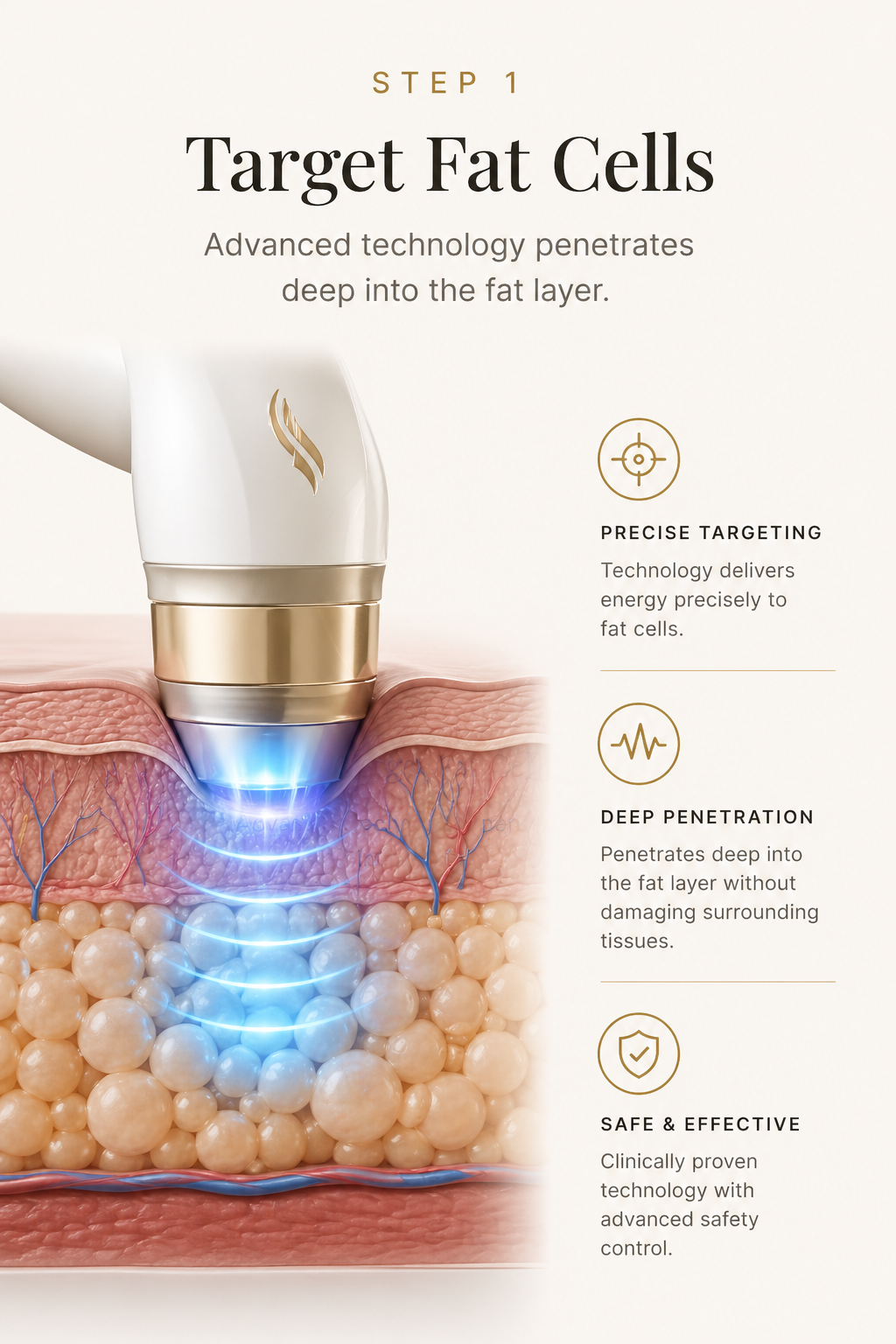 Step 1: Target Fat Cells — Advanced technology penetrates deep into the fat layer.
